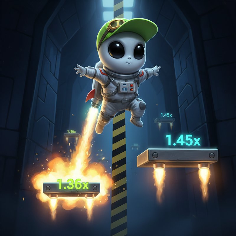 Jumper slot game featuring gray alien character with green backwards cap standing on metallic rocket-powered platform displaying cyan glowing multiplier against dark blue spacecraft interior with floating platforms and yellow flame jets